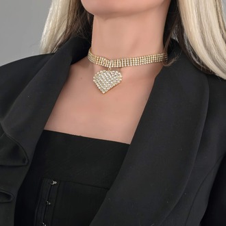 Sallantılı Kalp Model Rhinestone Choker Tasma Model Gold Renk Kolye - 1391
