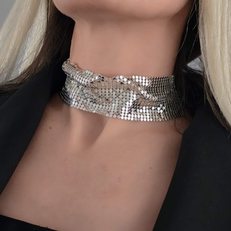 Arpa Pul Payet Zırh Metal Geniş Model Gümüş Choker Kolye - 1393