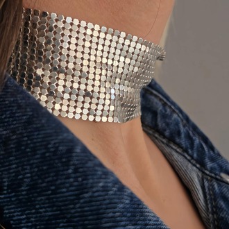 Arpa Pul Payet Zırh Metal Geniş Model Gümüş Choker Kolye - 1393
