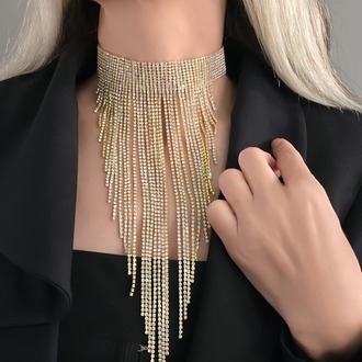 Kristal Taşlı Saçaklı Püskül Model Silver Renk Abiye Choker Tasma Kolye - 1401
