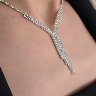 Kristal Taşlı Su Yolu Sarkıt Model Yılbaşı - Abiye - Düğün -Event Kolye Küpe Set - 1439