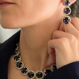 Riviere Kristal Taşlı Çiçek Model Mor Renkli Kolye Küpe Set- 1863