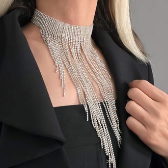 Kristal Taşlı Saçaklı Püskül Model Silver Renk Abiye Choker Tasma Kolye - 1400