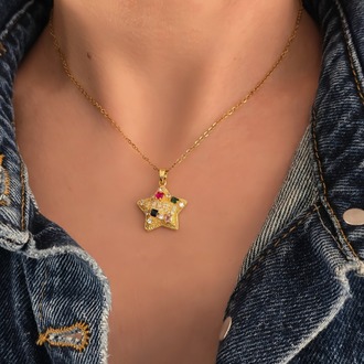 Yıldız Model Renkli Zirkon Taşlı Gold Renk Kolye - 1420