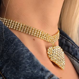 Sallantılı Kalp Model Rhinestone Choker Tasma Model Gold Renk Kolye - 1391