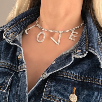 Love Aşk Kristal Taşlı Party Style Gümüş Renk Kolyee - 1386