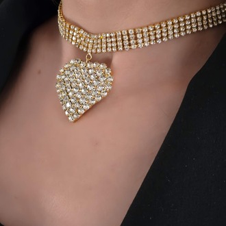 Sallantılı Kalp Model Rhinestone Choker Tasma Model Gold Renk Kolye - 1391