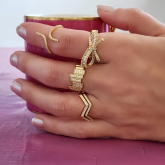 Zikzak Geometrik Model Sedefli Zirkon Taşlı Ayarlanabilir Gold Renk Çelik Yüzük - 1451