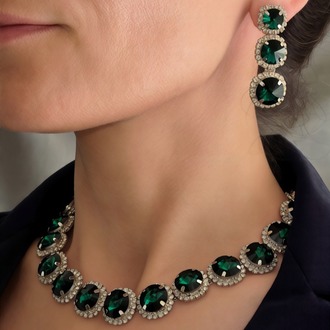 Riviere Kristal Taşlı Çiçek Model Yeşil Renkli Kolye Küpe Set - 1865