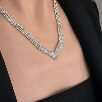 Kristal Taşlı Su Yolu Model Yılbaşı - Abiye - Düğün -Event Kolye Küpe Set- 1440