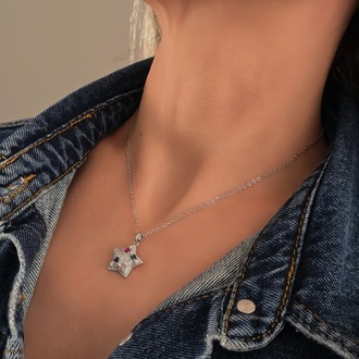 Yıldız Model Renkli Zirkon Taşlı Silver Renk Kolye- 1419