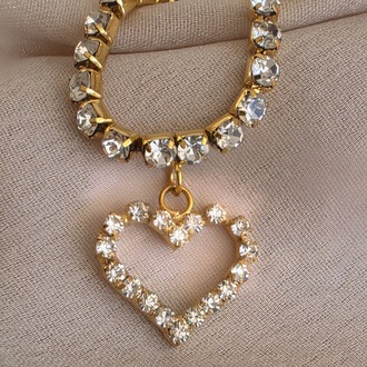 Tek Sıralı Kalp Figürlü Kristal Taşlı Choker Tasma Silver Gold Kolye - 1790