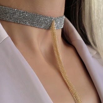 8 Sıralı Zincir Dokuma Sallantılı Vücut Tasma Choker Gümüş Gold Renk El Yapımı Kolye- 1709