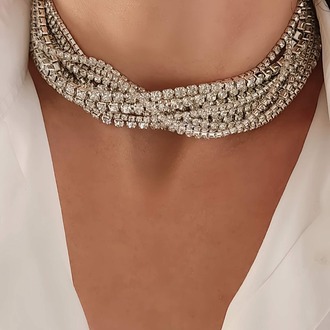 Gümüş Kaplama Taşlı Çoklu Görünümlü Choker Tasma Kolye - 1363