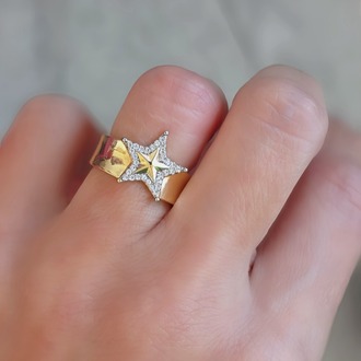 Ayarlanabilir Yıldız Model Zirkon Taşlı Gold Renk Çelik Yüzük - 1771