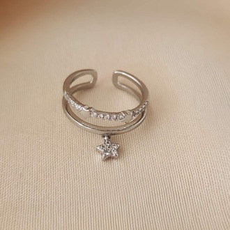 İki Sıralı Sallantılı Yıldız Eklem Kemik Ayarlanabilir Silver Gümüş Renkli Yüzük- 1632