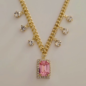 Baget Model Zirkon Taşlı Gold Pembe Renkli Çelik Kolye - 1859