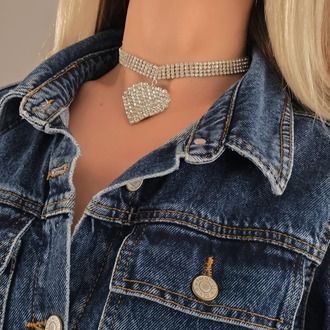 Sallantılı Kalp Model Rhinestone Choker Tasma Model Gümüş Renk Kolye- 1390