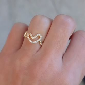 Ayarlanabilir Dalgalı Wavy Kalp Model Zirkon Taşlı Gold Renk Çelik Yüzük- 1764