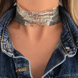 Arpa Pul Payet Zırh Metal Geniş Model Gümüş Choker Kolye - 1393