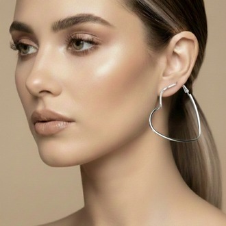 Kalp Model Halka Silver Renk Çelik Küpe 6cm - 1776