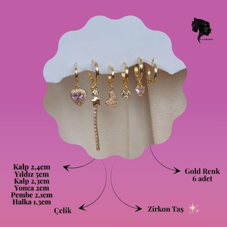 6'lı Kalp Yonca Yıldız Pembe Taş Gold Renk Küpe Seti - 1747