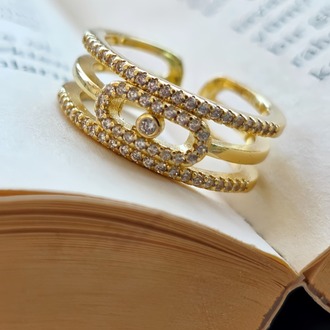 Ayarlanabilir Mess Model Zirkon Taşlı Gold Renk Çelik Yüzük - 1762