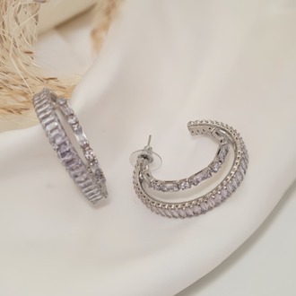 İkili Yarım Halka Model Zirkon Taşlı Antialerjik VİP Halka Silver Renk Küpe Antialerjik - 1816