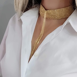 15 Sıralı Zincir Dokuma Sallantılı Vücut Tasma Choker Gold El Yapımı Kolye - 1341