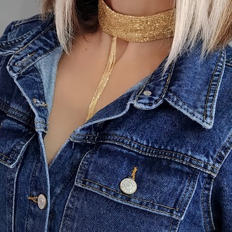 15 Sıralı Zincir Dokuma Sallantılı Vücut Tasma Choker Gold El Yapımı Kolye - 1341