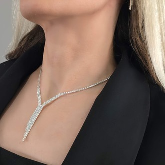 Kristal Taşlı Su Yolu Sarkıt Model Yılbaşı - Abiye - Düğün -Event Kolye Küpe Set - 1439