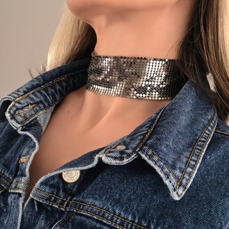 Arpa Pul Payet Zırh Metal Geniş Model Antrasit Choker Kolye - 1392