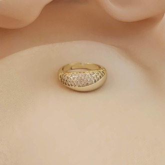 Bombeli Oval Zirkon Model Zirkon Taşlı Ayarlanabilir Gold Altın Renkli Yüzük - 1679