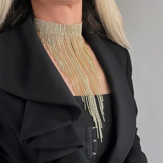 Kristal Taşlı Saçaklı Püskül Model Silver Renk Abiye Choker Tasma Kolye - 1401
