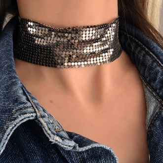 Arpa Pul Payet Zırh Metal Geniş Model Antrasit Choker Kolye - 1392