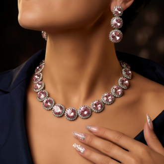 Riviere Kristal Taşlı Çiçek Model Pembe Renkli Kolye Küpe Set - 1864