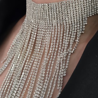Kristal Taşlı Saçaklı Püskül Model Silver Renk Abiye Choker Tasma Kolye - 1400