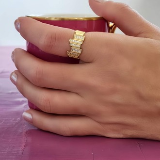 Zikzak Geometrik Model Sedefli Zirkon Taşlı Ayarlanabilir Gold Renk Çelik Yüzük - 1451