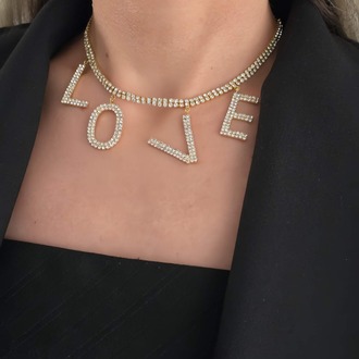 Love Aşk Kristal Taşlı Party Style Altın Kaplama Gold Renk Kolye- 1387