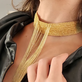15 Sıralı Zincir V Model Dokuma Sallantılı Tasma Choker El Yapımı Altın Renk Kolye - 1383