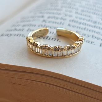 Ayarlanabilir Su Yolu Model Zirkon Taşlı Gold Renk Çelik Yüzük- 1768