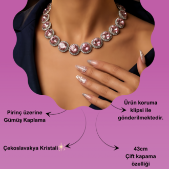 Riviere Kristal Taşlı Çiçek Model Pembe Renkli Kolye Küpe Set - 1864