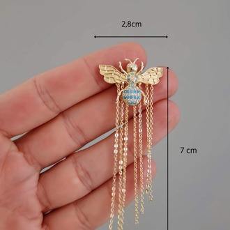 Arı Model Turkuaz Zirkon Taşlı Kuyum İşçiliğinde Zincir Sallantılı Küpe - 1542