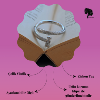 Ayarlanabilir Çivi Model Zirkon Taşlı Silver Renk Çelik Yüzük - 1757