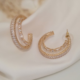 İkili Yarım Halka Model Zirkon Taşlı Antialerjik VİP Halka Gold Renk Küpe Antialerjik - 1817