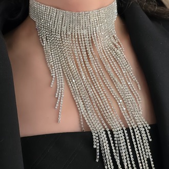 Kristal Taşlı Saçaklı Püskül Model Silver Renk Abiye Choker Tasma Kolye - 1400