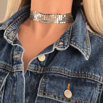 Arpa Pul Payet Zırh Metal Model Gümüş Choker Kolye - 1395