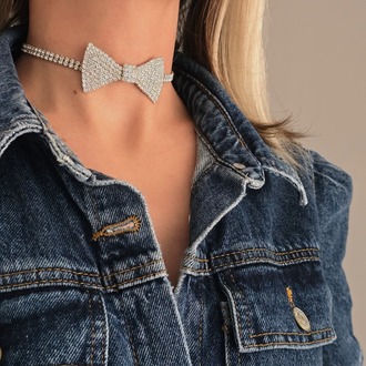 Papyon Model Rhinestone Choker Tasma Model Gümüş Renk Kolye- 1388