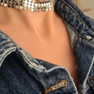 Arpa Pul Payet Zırh Metal Model Gümüş Choker Kolye - 1395