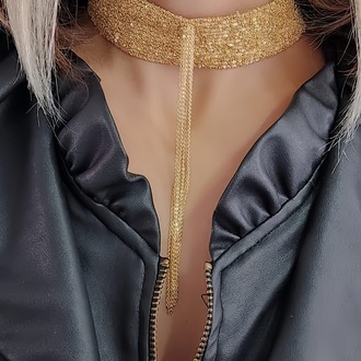 15 Sıralı Zincir Dokuma Sallantılı Vücut Tasma Choker Gold El Yapımı Kolye - 1341